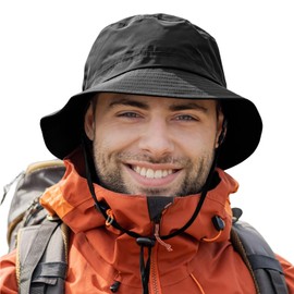 TOP-EX Mens Waterproof Bucket Hat for Walking Golf Safari Rain Hats SPF 50+ Sun Hat Foldable All Weather Hat Windproof Chin Strap Size Adjustable Black XXL/3XL