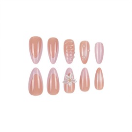 CECOBAG Medium Almond Press On Nails 3D Pink Flower Fake Nails, Dimensional Water Drop Acrylic Nails, French Pointed Artificial Nails 24 pcs