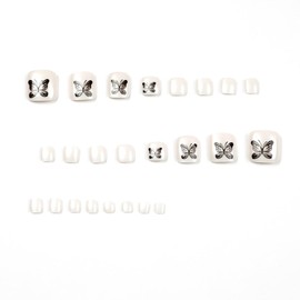 JUSTUSNX 24pcs White Fake Toenails Butterfly False Toenails Press on Toenails for Women and Girls