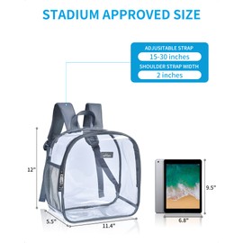 Bgenius Clear Backpack Stadium Approved, Small Clear Backpack with Padded Shoulder Straps for School Security Travel Concert Sport Events - Grey