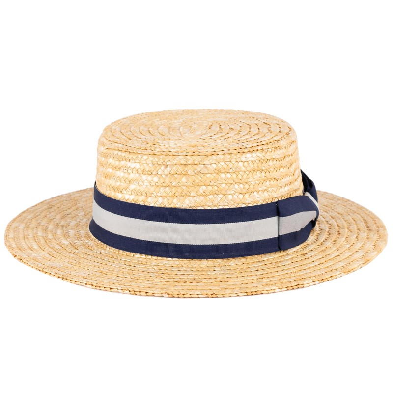 ZAKIRA Classic Straw Boater Hat Handmade from Natural Straw (Navy-Grey-Navy