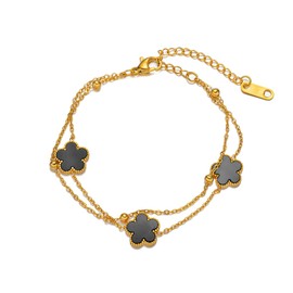 Women's Five Leaf Clover Lucky Bracelet - Trendy black five leaf clover double link bracelet, women's chain bracelet for friends or loved ones