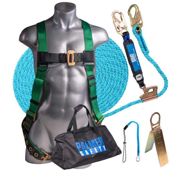 Palmer Safety Roofing Kit I Full-Body Harness, 100' Vertical Rope, Anchor Set, Tool Lanyard & Duffle Bag (Green)