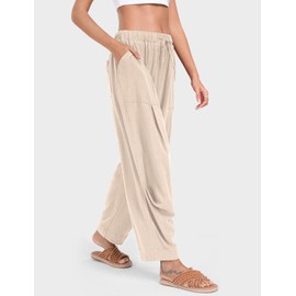 TARSE Women Linen Wide Leg Pants Drawstring Low Waist Beach Travel Vacation Outfits, HeatherLightKhaki, S