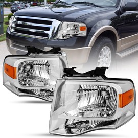 SOCKIR Headlight Assembly Set for 07 to 14 Ford Expedition OE Style Headlamp Replacement Passenger and Driver Side (Chrome Housing & Amber Reflector)