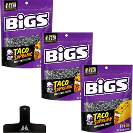BIGS Taco Supreme Flavored Sunflower Seeds - 5.35 oz Bags (Pack of 3) - With Mighty Merchandise Bag Clip