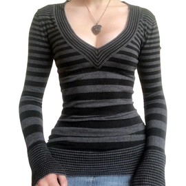 Women's Spring Autumn Slim Knitwear Long Sleeve V Neck Striped Knit Tops Sweater Womenswear Check - Color: Gray Black, Size: L