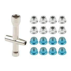 Rchobbytop 16pcs M4 Lock Nuts for 1/10 RC Car Wheel, 4mm Anodized Aluminum Alloy and Steel Flange Serrated Nylon Insert Locking Nuts with Wrench Set, Light Blue & Silver