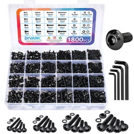 1800PCS Metric Screw Assortment, Metric Bolt Assortment Kit M2 M3 M4 M5 Machine Screws with Lock & Flat Washers, Grade 10.9 Alloy Steel Hex Socket Button Head Black Screws Nuts and Bolts Kit (Black)
