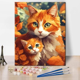TISHIRON DIY Painting by Numbers Kits Cute Cats Oil Painting for Kids Paint by Number for Adults Beginner Cat Mother and Cat Baby Canvas Arts Crafts for Home Decor 16 x 20 inch