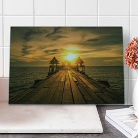 Ambesonne Beach Cutting Board, Wooden Dock Serene Bangkok Bay Morning Sunshine and Ocean Picture Print, Decorative Tempered Glass Cutting and Serving Board, Large Size, Dark Blue Yellow Brown