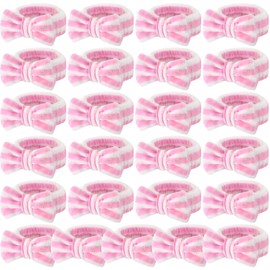 Wavyknot 25 Pcs Spa Headband Bulk Makeup Headbands for Washing Face Cute Bow Hairbands Soft Coral Fleece Hairbands for Women Face Skin Care Makeup Spa Gift Shower Yoga (Stripe Pattern,Pink)