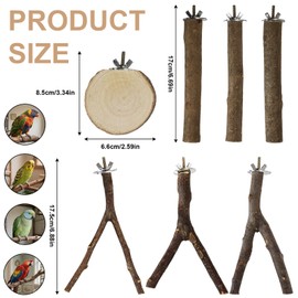 8PCS Bird Perch Natural Wooden Parrot Parakeet Toy Stand Branches Bird Cage Accessories Fork Toys Hanging Multi-Branch Perches Platform Hammock Swing Toy for Parakeets Cockatiel Conure