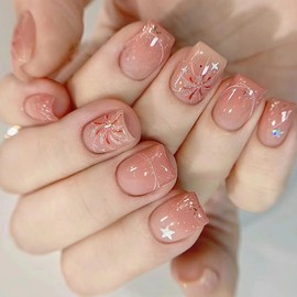 24Pcs Acrylic Press on Nails Short Square Fake Nails Pink White Ombre False Nails with Fireworks show Press ons Designs Nails Press on Artificial Nails Stick on Nails For Women Girls