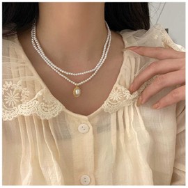 Allereya Round White Small Pearl Necklace Double Layer Pearl Necklace Pearl Pendant Chain Collar Pearl Collar Chain Necklace Jewellery for Women and Girls