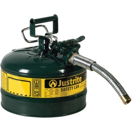 Justrite 2.5 Gallon Type II Green Safety Can for Oil with Flame Arrester, Self-Closing Lid, and 1" Flexible Metal Spout, Made in the USA, Galvanized Steel Flammable Storage Can, 7225430