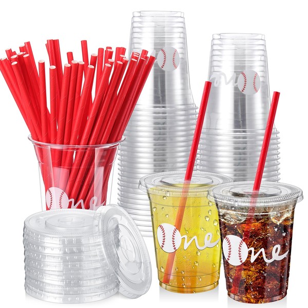 Skybooly 50 Pcs Baseball First Birthday Plastic Cups with Lids