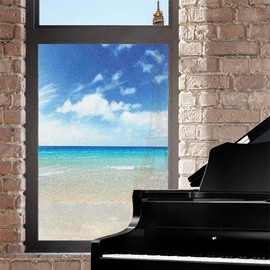 Ocean Frosted Window Film Window Privacy Film,Tropical Sandy Beach at Summer Sunny Day Holiday Vacation Theme Image Print Removable Glass Sticker for Bathroom Kitchen Room Office,Blue Ivory 24" x 36"