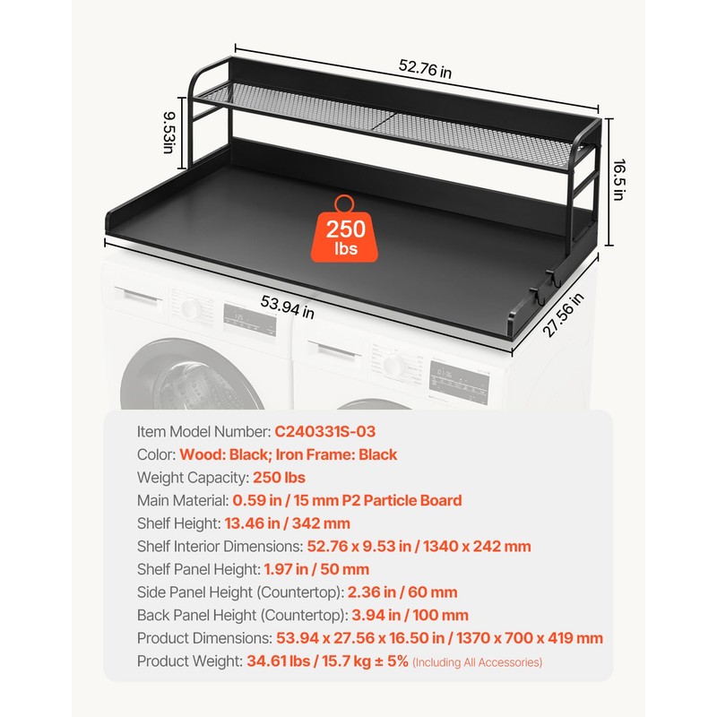 VEVOR Washer Dryer Countertop with Shelf, 54" x 27" Wooden