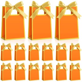 AmazingSpark 50 Pcs Orange Gold Mini Gift Bags Bulk 6.3 x 3.9 x 2.8 Inch Party Favors Elegant Small Gift Bags with Handles and Ribbon Bows for Wedding Birthday Bridal Baby Shower Party Favors
