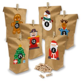 itenga Adventskalender Bastel-Set I 24 Geschenktüten aus Papier I Deko Holzklammern I Motivsticker Weihnachtsbande I Aufkleber mit den Zahlen 1 bis 24 in Schwarz Weiß