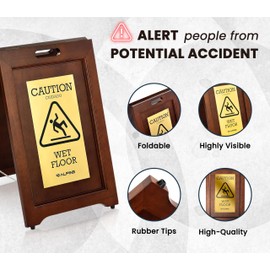 Alpine 2-Sided Wooden Brass Plated Wet Floor Sign - A-Frame Warning Notice - Sturdy Double Sided Fold Out Bilingual Floor Safety Alert Ideal for High End Commercial Use