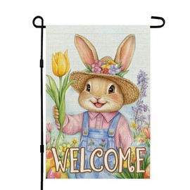 CROWNED BEAUTY Easter Bunny Garden Flag 12x18 Inch Double Sided for Outside Small Welcome Burlap Spring Rabbit Holiday Yard Decoration CF1731-12