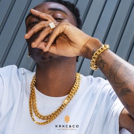 KRKC&CO Mens 12mm 18k Iced Out Cuban Link Curb Chains and Bracelets, Solid No Tarnish Necklace, Durable Street-wear Hip Hop Chains for Men