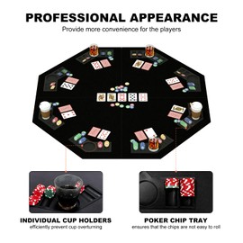 48 Inch Foldable Poker Table Top for 8 Players, Octagon Poker Table Topper with Chips Tray & Cup Holders, Professional Texas Hold’em Poker Table Mat with Carrying Bag for Card Casino Games (Black)