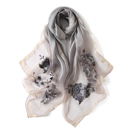 ANMIDA Women's Scarf, Large Stole, Silk Stole with Floral Embroidery, Women's, Autumn Scarf, Stole, gray