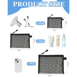 JUKOTA Pack of 5 mesh zip bags, 3 sizes mesh bag, mini make-up organiser, zip pockets, pen bag, portable travel bag, for cosmetics and travel utensils