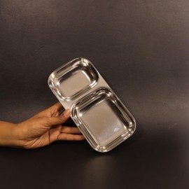 Spillbox Stainless Steel Compartment Plate | Sectioned Pav Bhaji/Idli Sambar Snack Tray | Side Dish/Lunch/Dinner Plate | Reusable & Stackable – 9 Inch, 158g- Pav Baji Plate (Pack of 2)