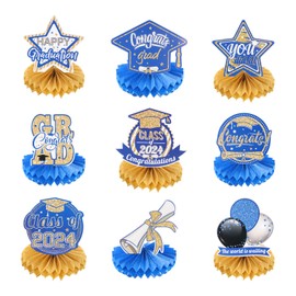 sourcing map 9 PCS Graduation Party Decorations Class of 2024, Graduation Honeycombs Table, Toppers for Graduation Party Decorations, Blue and Gold Graduation Honeycombs Centerpieces