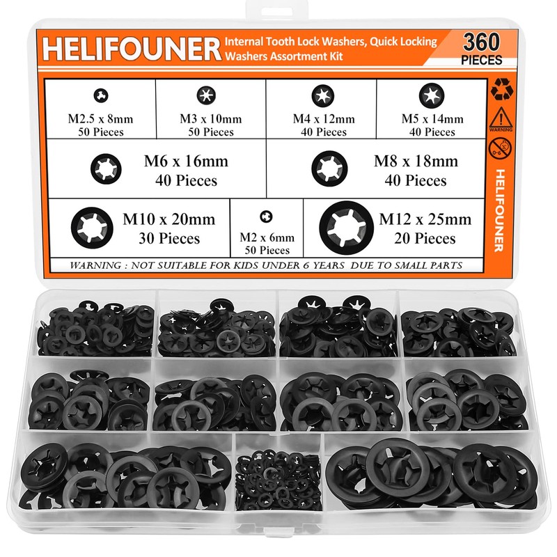 HELIFOUNER 360 Pieces 9 Sizes Internal Tooth Star Lock Washers,