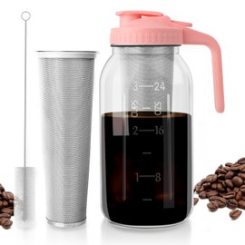 Cnsndqedke Cold Brew Coffee Maker with Pour Spout Handle Lid, 64oz Cold Brew Pitcher with Stainless Steel Filter, Heavy Duty Glass Mason Jar Cold Brew Maker for Coffee, Iced Tea, Sun Tea, Lemonade