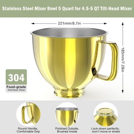 5QT Stainless Steel Mixer Bowl Compatible with Kitchen aid Stand Mixers Kitchenaid Replacement Bowl for 4.5-5 QT Tilt-Head Mixer with Handle, Gold