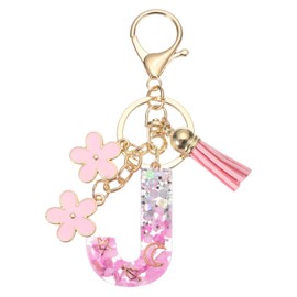[PATIKIL] Alphabet Initial Letter Key Chain Tassel Flower Letter J Pendant Decoration Resin Cute Key Chain for Women Key Purse Handbag Bag Accessories Pink, Pink