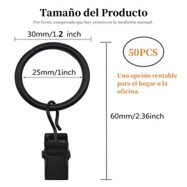 PUBAMALL Anillos Clips de cortina, Anillos de cortinas, Anillo de cortina de ventana con clip (Negro, 50 Pack)