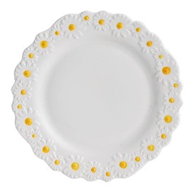 WAYUTO Ceramic Daisy Flat Plate Embossed Dessert Dish Small Daisy Edge Relief Dinnerware Steak Plate Irregular Dining Dish for Soup Crockery Kitchen Decoration Tableware Household Wedding