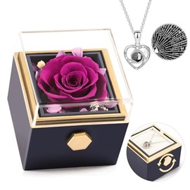 Caja giratoria de rosa real morada con collar I Love You, 100 idiomas, flor eterna para entregar, el día de la madre para su mujer, mamá, esposa, novia