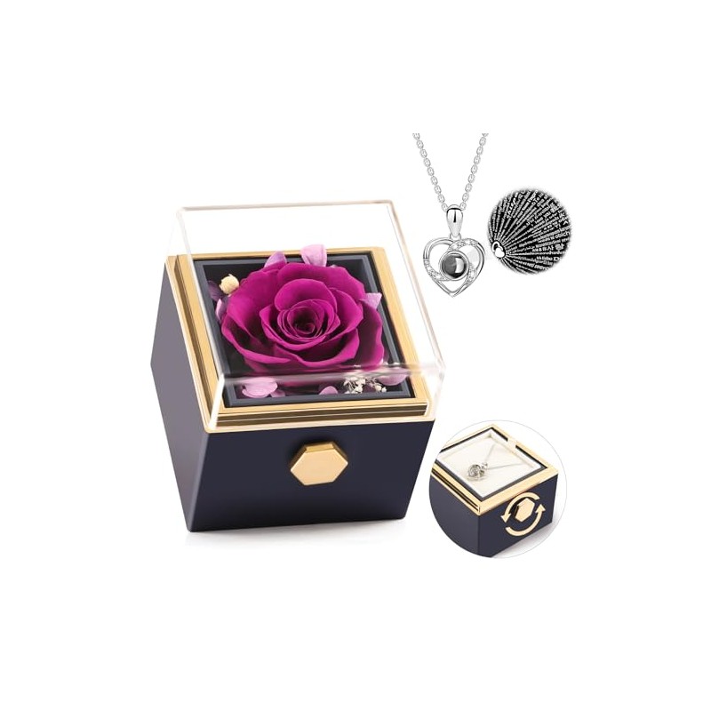 Caja giratoria de rosa real morada con collar I Love