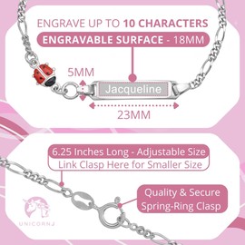 UNICORNJ Sterling Silver 925 ID Bracelet Girls Red Ladybug Figaro Chain Enamel 6.5" Italy - Engraved