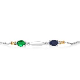 Gem Stone King 925 Silver and 10K Yellow Gold Green Nano Emerald Blue Sapphire and White Lab Grown Diamond Tennis Bracelet For Women (1.00 Cttw, Fully Adjustable Up to 9 Inch)