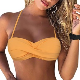 Firpearl Parte superior de bikini sin tirantes para mujer, estilo retro con giro frontal, traje de baño push-up bandeau, Amarillo ámbar, 14