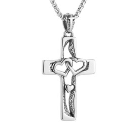 HZMAN Love Heart Cross Necklace for Men Women Stainless Steel Retro Hollow Intertwined Hearts Love Cross Pendant Necklace Jewelry Gift (Silver)