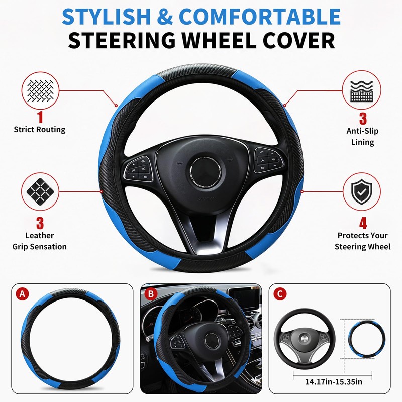Alieemo Car Steering Wheel Cover, 15 inch Microfiber PU Leather