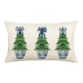 Chinoiserie Blue Pot Bow Christmas Pillow Covers - 12x20 Decorative Throw Pillows for Christmas Tree, Rustic Style Nature Forest Print Winter Decor