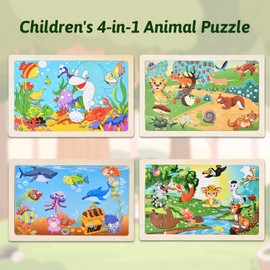 Litinliv 4 x 24 Pieces Children's Wooden Puzzle, Animal Wooden Puzzle, Animals Puzzle from 3 4 5 6 Years, Preschool Educational Toy Montessori, Children's Puzzle Children's Toy, Gifts for Children