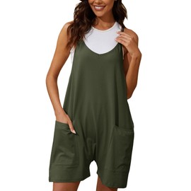 Muchpow Women's V Neck Sleeveless Romper Summer Casual Loose Spaghetti Strap Short Overalls Jumpersuit with Pockets, Army Green, Large
