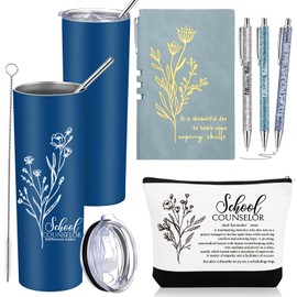 Funnymoom 6 Pcs School Counselor Appreciation Gift Set for Women Thank You Gifts 20 oz Boho Flower Tumbler Makeup Bag Journal Ballpoint High School Teacher Educator Work(Blue, Counselor)
